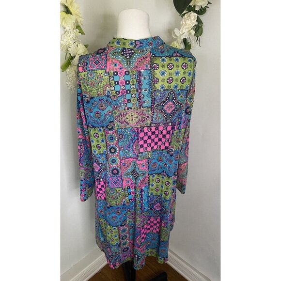 Loll Ease Midi Dress Slinky Patchwork Print Dress Lounging Robe S/M Front Zip GC - Picture 5 of 16